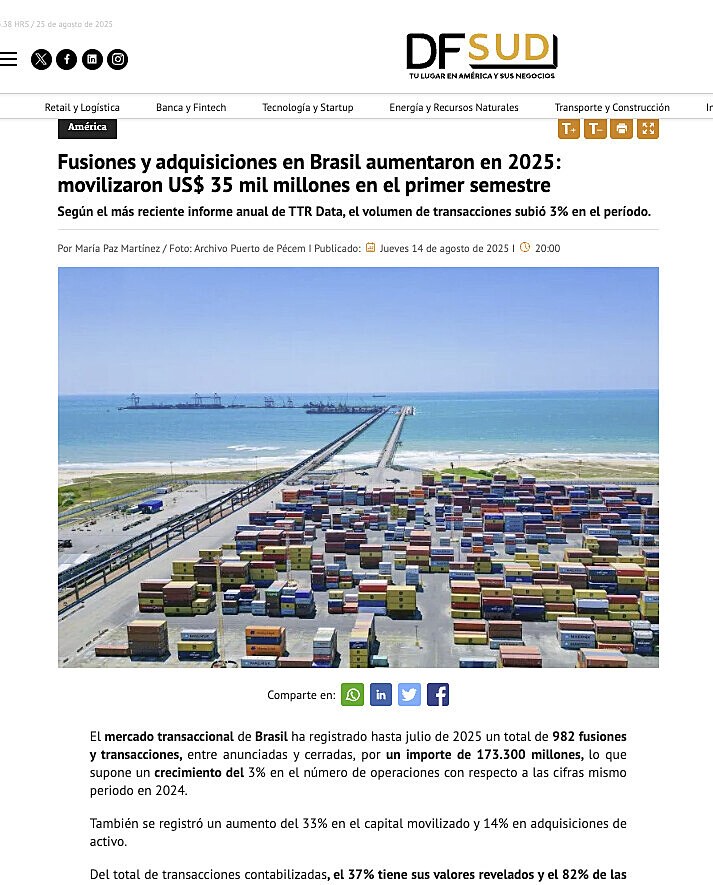 Fusiones y adquisiciones en Brasil aumentaron en 2025: movilizaron US$ 35 mil millones en el primer semestre